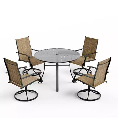 EROMMY 5 Piece Patio Dining Set, Outdoor Dining Table And Chairs Set For 4, 4 Swivel Chairs, 1 Iron Round Table With Adjustable Umbrella Hole