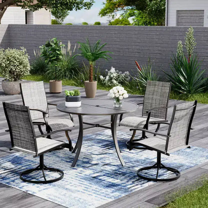 EROMMY 5 Piece Patio Dining Set, Outdoor Dining Table And Chairs Set For 4, 4 Swivel Chairs, 1 Iron Round Table With Adjustable Umbrella Hole