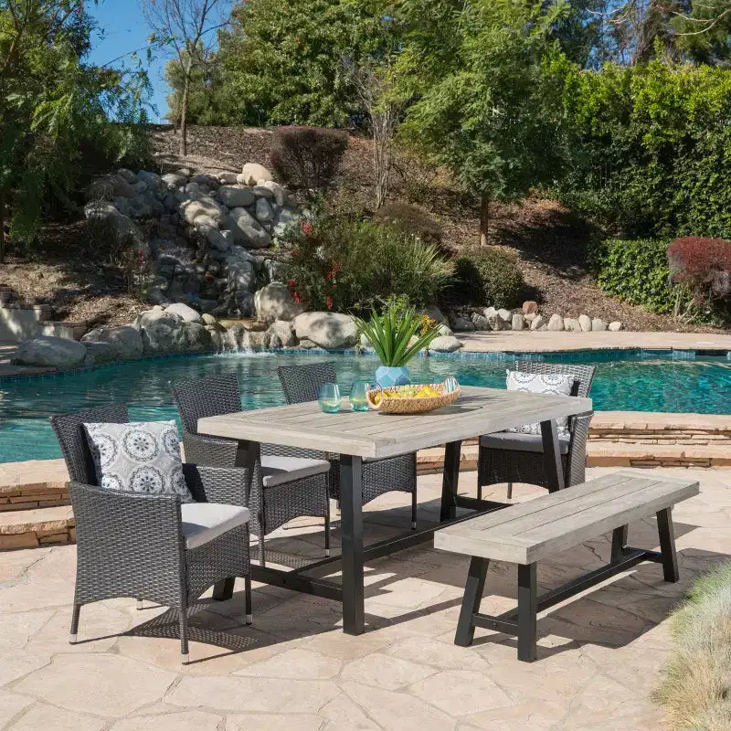 GDFStudio Preston Outdoor Acacia Wood and Wicker 6 Piece Dining Set