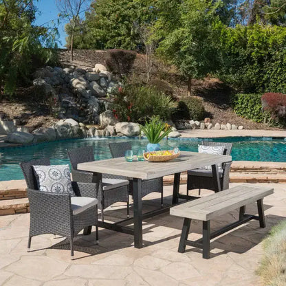 GDFStudio Preston Outdoor Acacia Wood and Wicker 6 Piece Dining Set