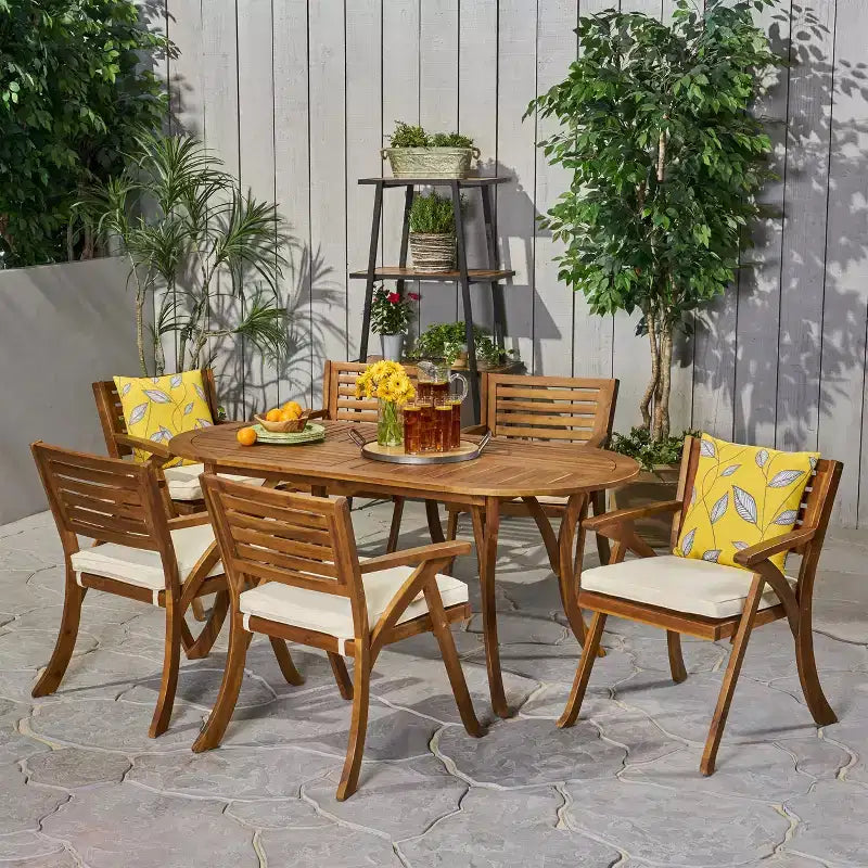 GDFStudio Zhana Ensemble de salle à manger d'extérieur 7 pièces en bois d'acacia avec coussins