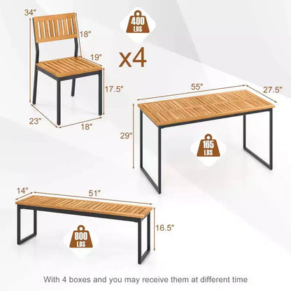 Costway 6 PCS Outdoor Acacia Wood Dining Set with Bench and 2 Umbrella Hole Outdoor Patio
