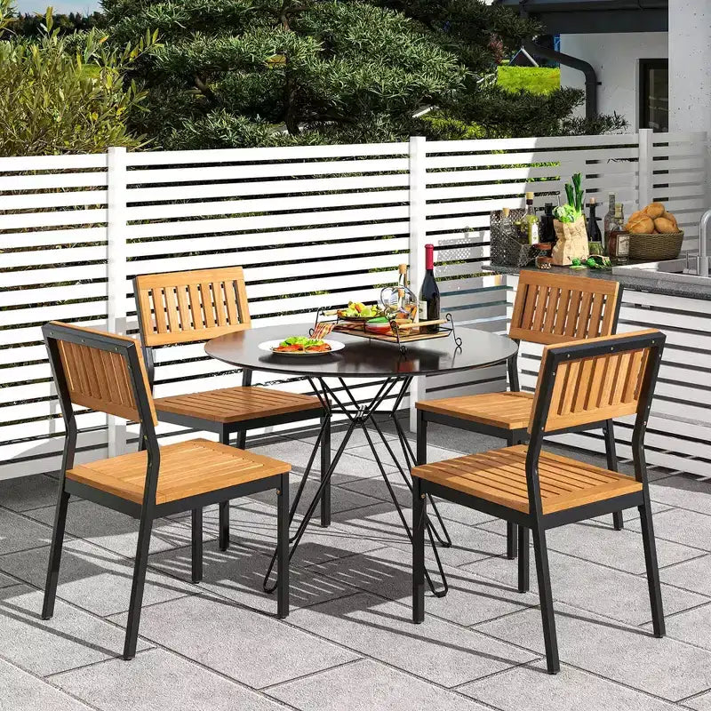 Costway 6 PCS Outdoor Acacia Wood Dining Set with Bench and 2 Umbrella Hole Outdoor Patio