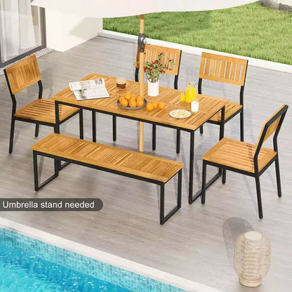 Costway 6 PCS Outdoor Acacia Wood Dining Set with Bench and 2 Umbrella Hole Outdoor Patio