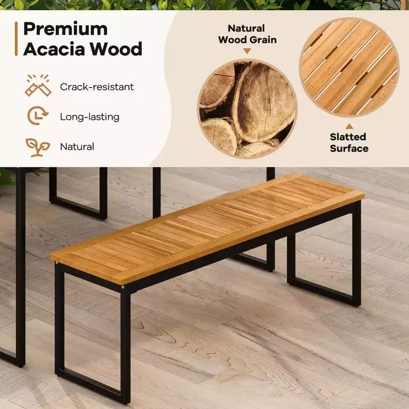 Costway 6 PCS Outdoor Acacia Wood Dining Set with Bench and 2 Umbrella Hole Outdoor Patio