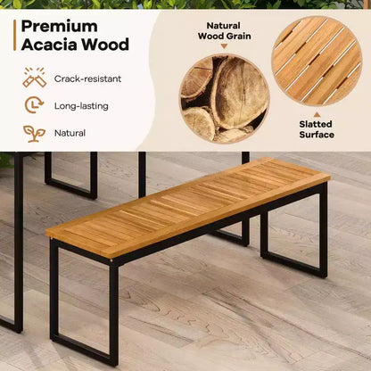 Costway 6 PCS Outdoor Acacia Wood Dining Set with Bench and 2 Umbrella Hole Outdoor Patio