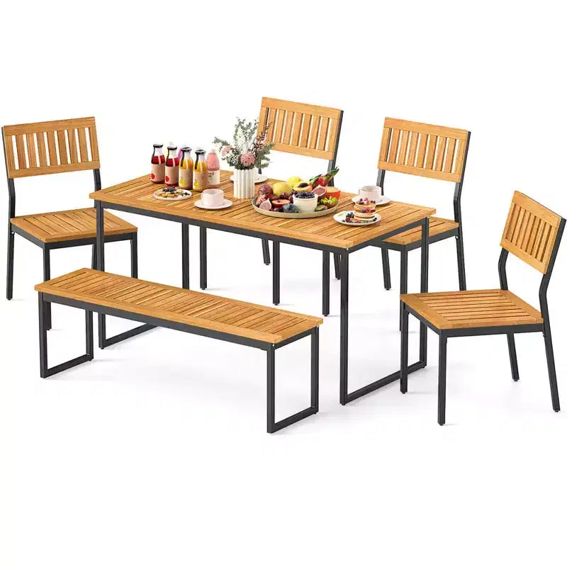 Costway 6 PCS Outdoor Acacia Wood Dining Set with Bench and 2 Umbrella Hole Outdoor Patio