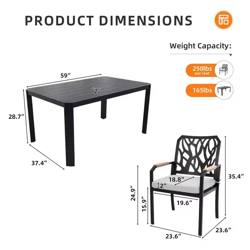 Christopher Knight Home Miles Ensemble de salle à manger moderne de 7 pièces en aluminium rembourré avec coussins Sunbrella et table rectangulaire de 59 pouces