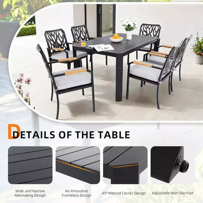 Christopher Knight Home Miles Ensemble de salle à manger moderne de 7 pièces en aluminium rembourré avec coussins Sunbrella et table rectangulaire de 59 pouces