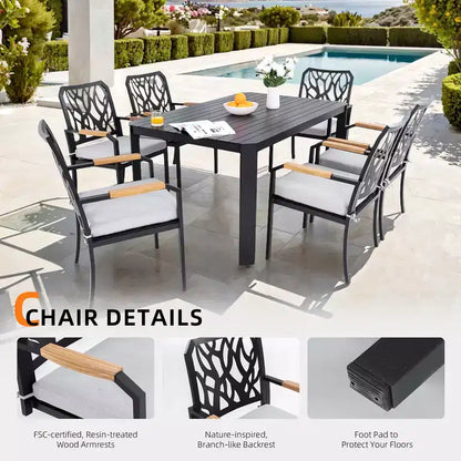 Christopher Knight Home Miles Ensemble de salle à manger moderne de 7 pièces en aluminium rembourré avec coussins Sunbrella et table rectangulaire de 59 pouces
