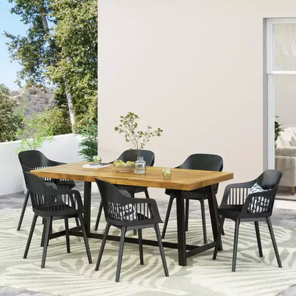 Ensemble de salle à manger d'extérieur 7 pièces en bois d'acacia et résine Christopher Knight Home Dahlia avec table à manger de 70,75 pouces, teck sablé/noir