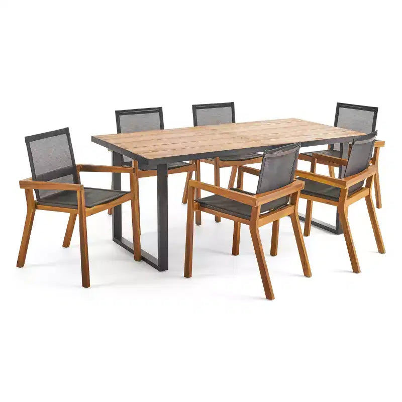Christopher Knight Home Castano Outdoor Mesh and Acacia Wood 7-Piece Dining Set, Teak/Black