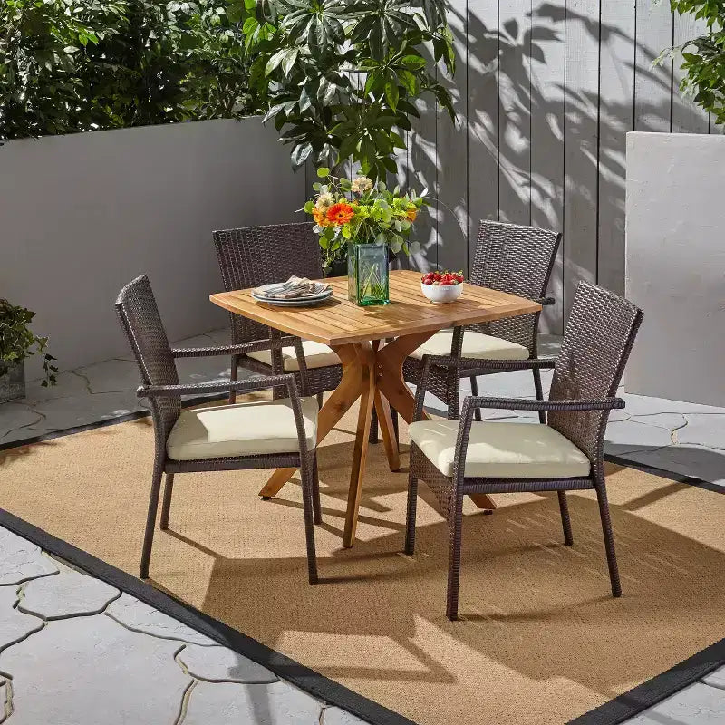 Christopher Knight Home Didicas Outdoor Acacia Wood and Wicker 5 Piece Dining Set with Cushion, Teak/Multibrown