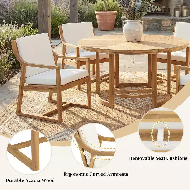Whisen 5-Piece Outdoor Kitchen Dining Set for 4, Patio Round Dining Table And Chairs Set with Umbrella Hole and Removable Cushions