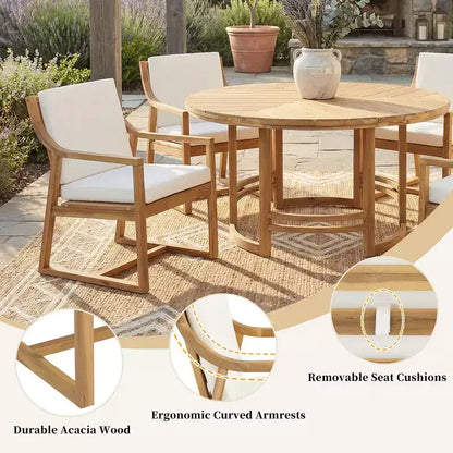 Whisen 5-Piece Outdoor Kitchen Dining Set for 4, Patio Round Dining Table And Chairs Set with Umbrella Hole and Removable Cushions