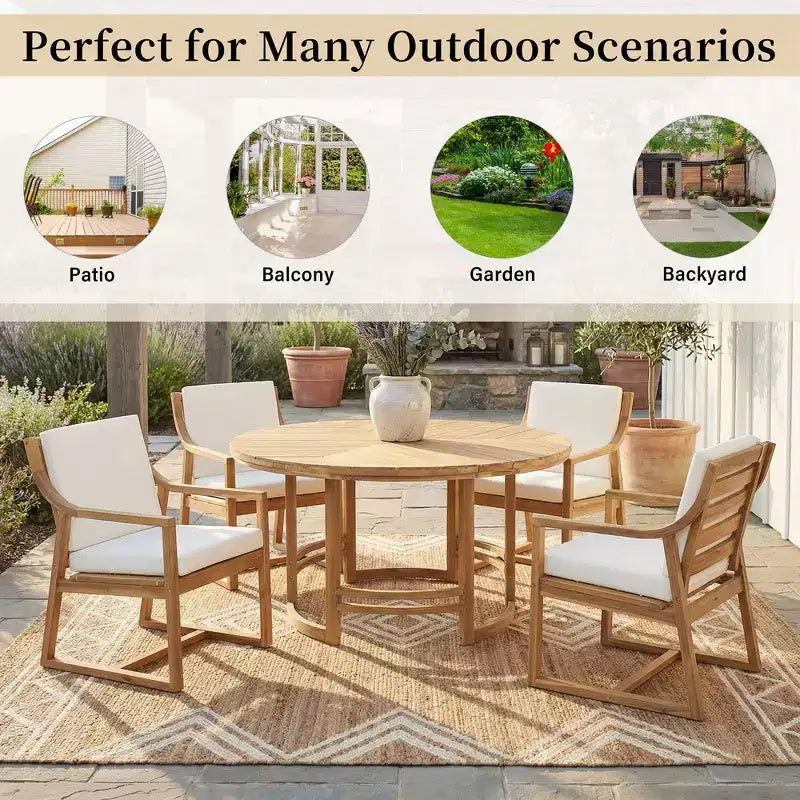 Whisen 5-Piece Outdoor Kitchen Dining Set for 4, Patio Round Dining Table And Chairs Set with Umbrella Hole and Removable Cushions