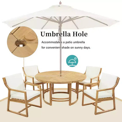 Whisen 5-Piece Outdoor Kitchen Dining Set for 4, Patio Round Dining Table And Chairs Set with Umbrella Hole and Removable Cushions