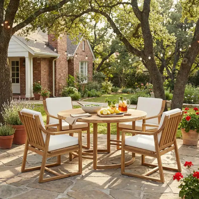 Whisen 5-Piece Outdoor Kitchen Dining Set for 4, Patio Round Dining Table And Chairs Set with Umbrella Hole and Removable Cushions
