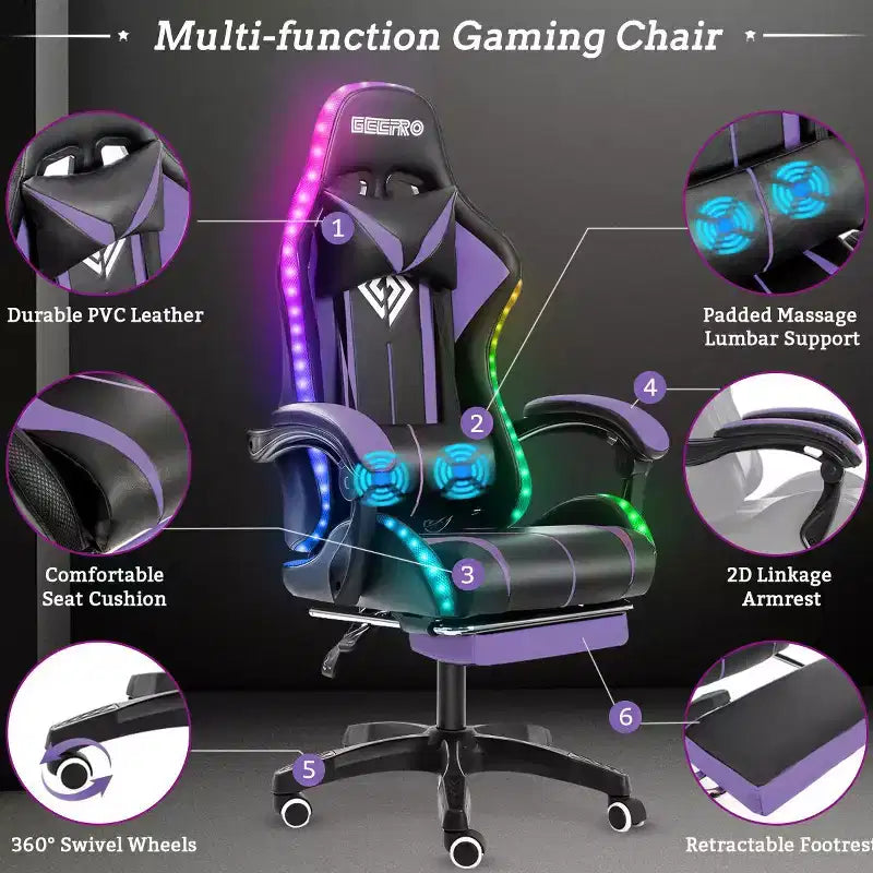 Fauteuil de Gamer Ergonomique de Bureau Hoffree Comfort Massage avec Repose-pieds et Lumière RGB