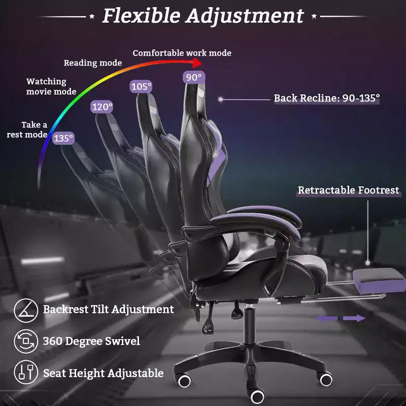 Fauteuil de Gamer Ergonomique de Bureau Hoffree Comfort Massage avec Repose-pieds et Lumière RGB