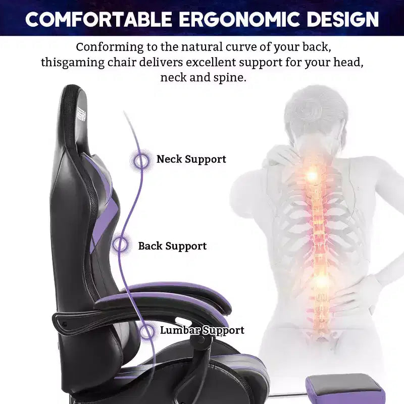 Fauteuil de Gamer Ergonomique de Bureau Hoffree Comfort Massage avec Repose-pieds et Lumière RGB