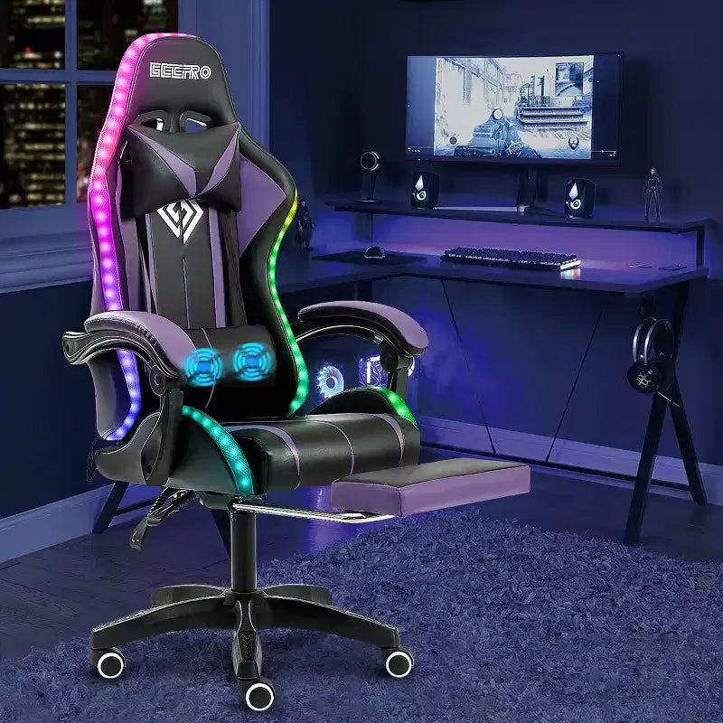 Fauteuil de Gamer Ergonomique de Bureau Hoffree Comfort Massage avec Repose-pieds et Lumière RGB
