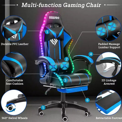 Fauteuil de Gamer Ergonomique de Bureau Hoffree Comfort Massage avec Repose-pieds et Lumière RGB