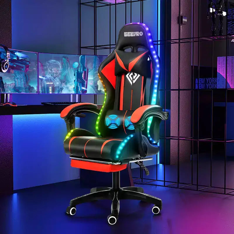 Fauteuil de Gamer Ergonomique de Bureau Hoffree Comfort Massage avec Repose-pieds et Lumière RGB