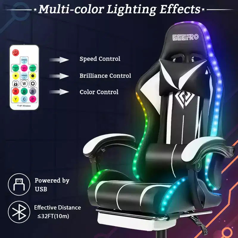 Fauteuil de Gamer Ergonomique de Bureau Hoffree Comfort Massage avec Repose-pieds et Lumière RGB