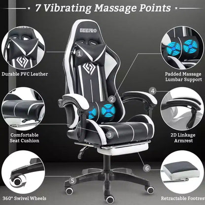 Fauteuil de Gamer Ergonomique de Bureau Hoffree Comfort Massage avec Repose-pieds et Lumière RGB