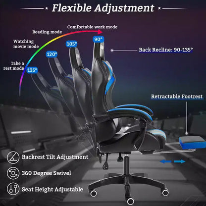 Fauteuil de Gamer Ergonomique de Bureau Hoffree Comfort Massage avec Repose-pieds et Lumière RGB