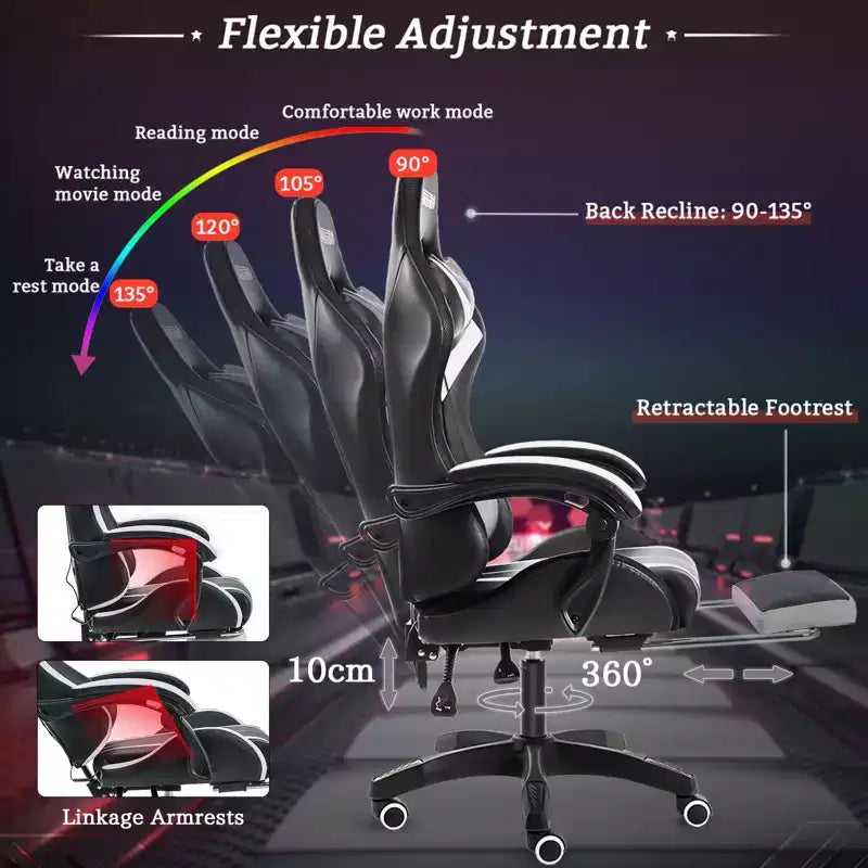 Fauteuil de Gamer Ergonomique de Bureau Hoffree Comfort Massage avec Repose-pieds et Lumière RGB