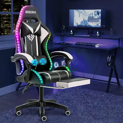 Fauteuil de Gamer Ergonomique de Bureau Hoffree Comfort Massage avec Repose-pieds et Lumière RGB