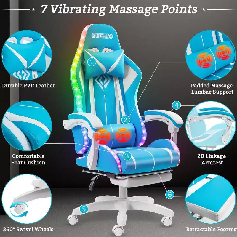 Fauteuil de Gamer Ergonomique de Bureau Hoffree Comfort Massage avec Repose-pieds et Lumière RGB