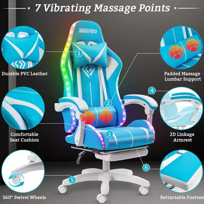 Fauteuil de Gamer Ergonomique de Bureau Hoffree Comfort Massage avec Repose-pieds et Lumière RGB