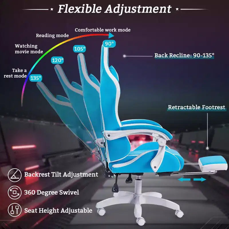 Fauteuil de Gamer Ergonomique de Bureau Hoffree Comfort Massage avec Repose-pieds et Lumière RGB