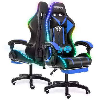Hoffree Comfort Massage Racing Gaming Chair Ergonomic Office PC Chair with Footrest & RGB Light