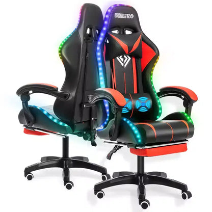 Fauteuil de Gamer Ergonomique de Bureau Hoffree Comfort Massage avec Repose-pieds et Lumière RGB