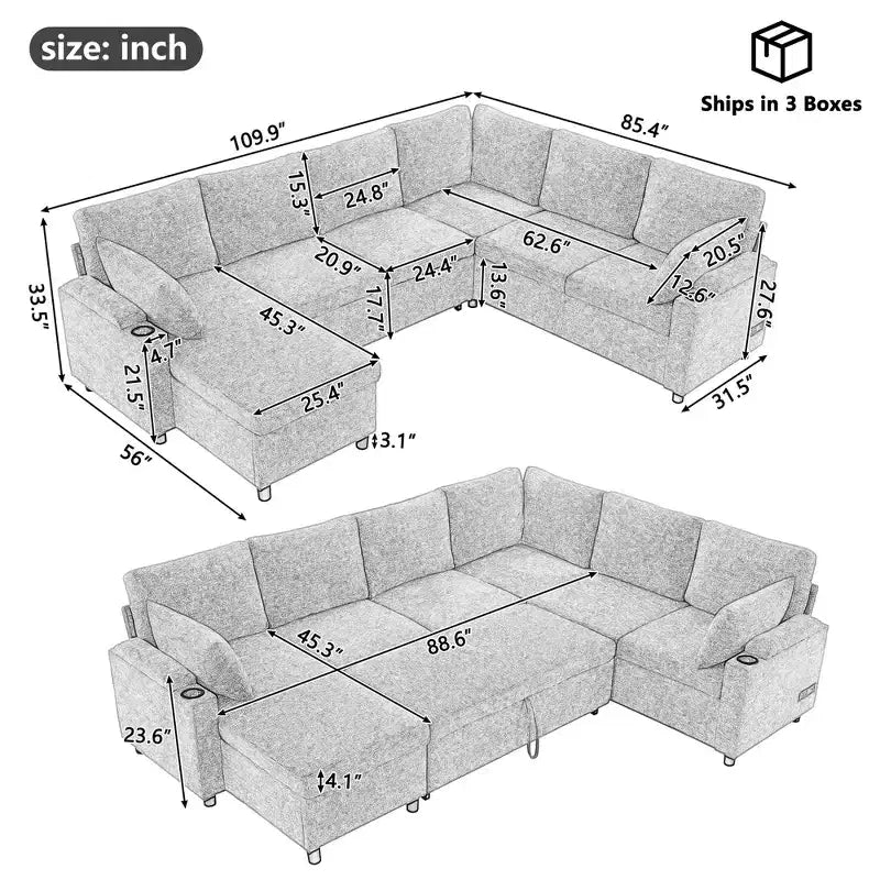 Whisen 109.9 Sectional Sofa Versatile Sofa Bed Sofa Sleeper U-shaped Sofa with Ample Storage Space