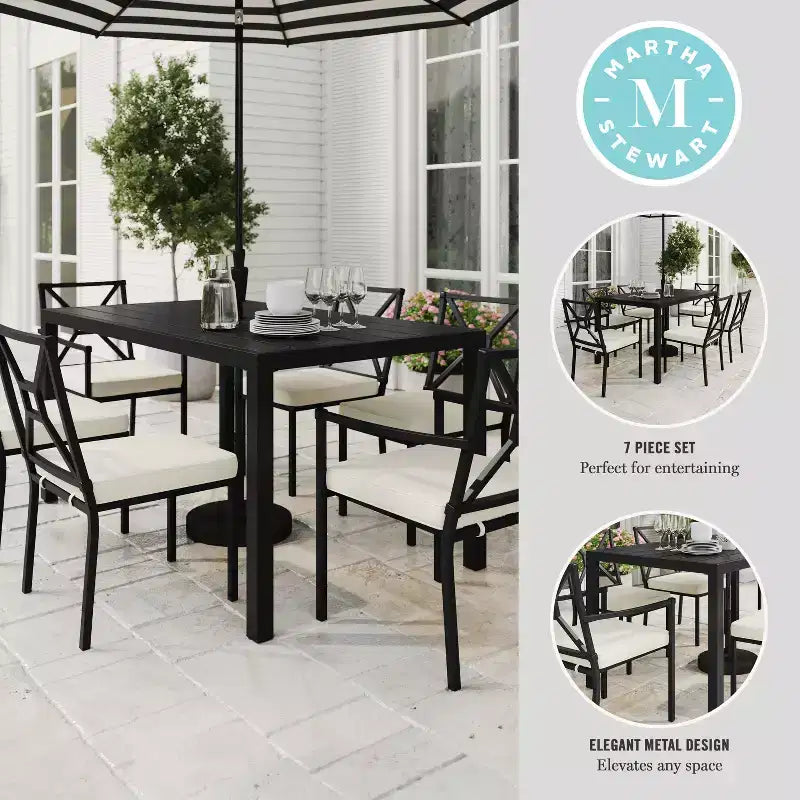 Martha Stewart 7-Piece Steel Patio Dining Set with 6 Stackable Chairs and 62 Table in Black