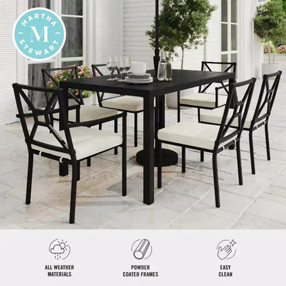Martha Stewart 7-Piece Steel Patio Dining Set with 6 Stackable Chairs and 62 Table in Black