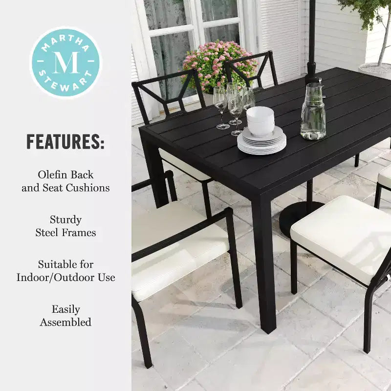 Martha Stewart 7-Piece Steel Patio Dining Set with 6 Stackable Chairs and 62 Table in Black