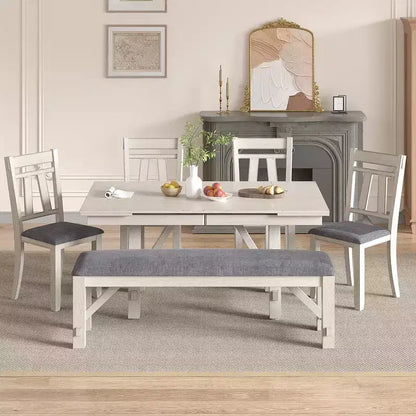 Ensemble de salle à manger extensible VECELO rustique 6 pièces, table en bois d'hévéa avec 4 chaises de salle à manger rembourrées sans accoudoirs et banc pour cuisine, gris