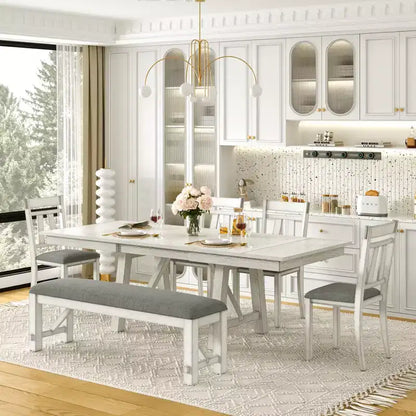 Ensemble de salle à manger extensible VECELO rustique 6 pièces, table en bois d'hévéa avec 4 chaises de salle à manger rembourrées sans accoudoirs et banc pour cuisine, gris