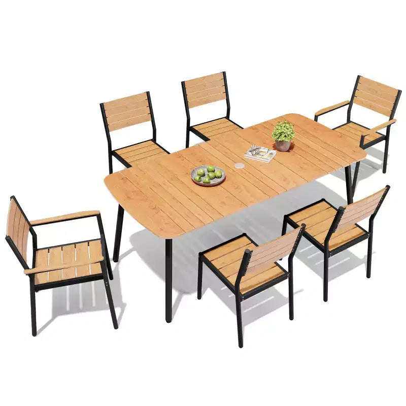 Crestlive Products 7pc Aluminum Patio Dinning Set 70.9in Table and 6 Chairs Plastic Wood Top with Umbrella Hole for Outdoor Pool Lawn