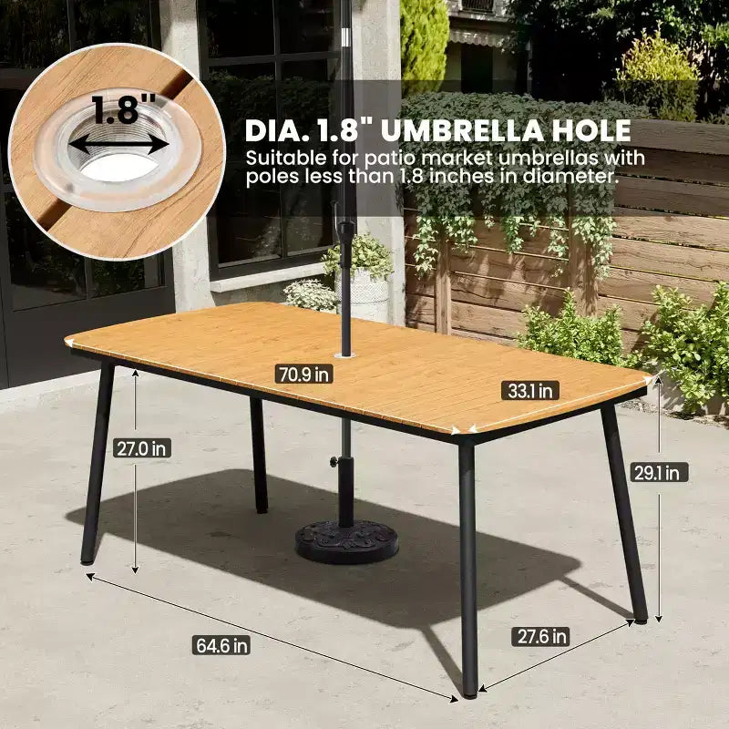 Crestlive Products 7pc Aluminum Patio Dinning Set 70.9in Table and 6 Chairs Plastic Wood Top with Umbrella Hole for Outdoor Pool Lawn