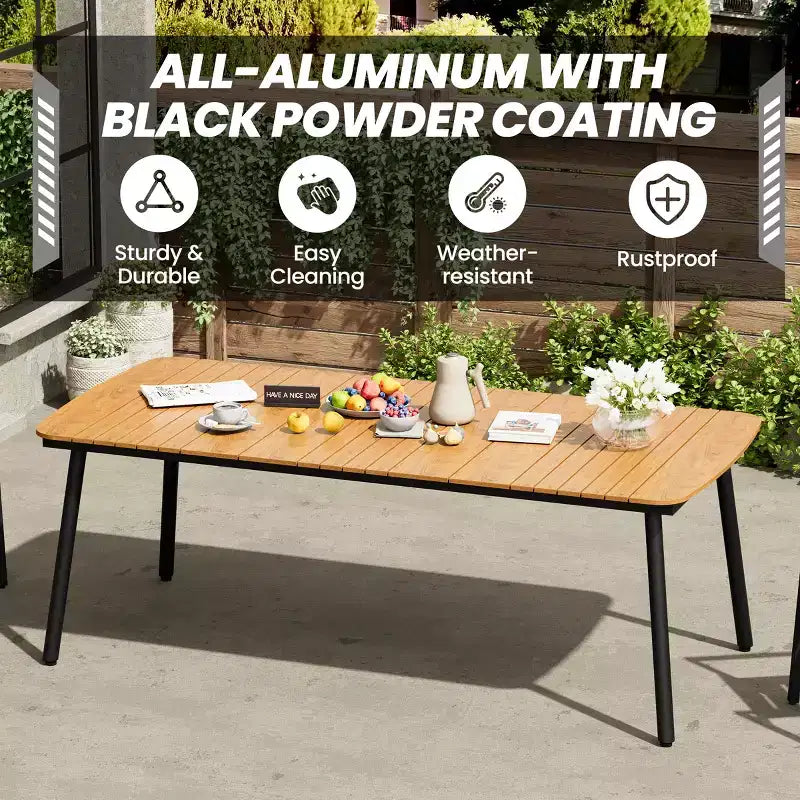 Crestlive Products 7pc Aluminum Patio Dinning Set 70.9in Table and 6 Chairs Plastic Wood Top with Umbrella Hole for Outdoor Pool Lawn