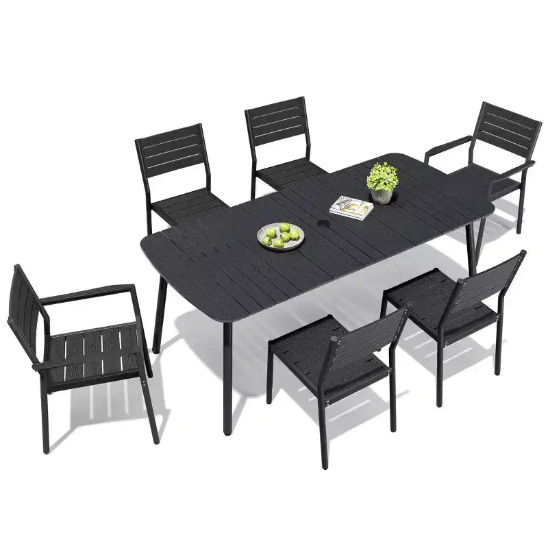 Crestlive Products 7pc Aluminum Patio Dinning Set 70.9in Table and 6 Chairs Plastic Wood Top with Umbrella Hole for Outdoor Pool Lawn