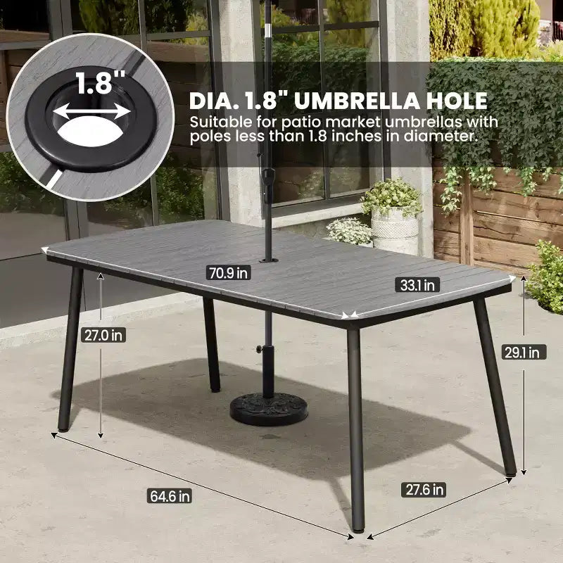 Crestlive Products 7pc Aluminum Patio Dinning Set 70.9in Table and 6 Chairs Plastic Wood Top with Umbrella Hole for Outdoor Pool Lawn