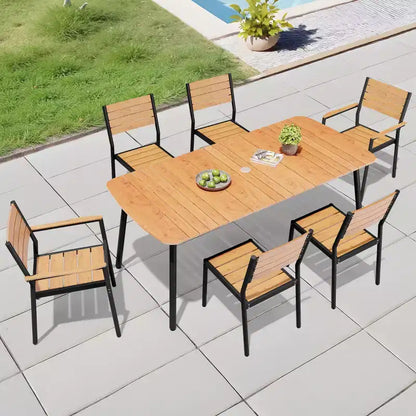 Crestlive Products 7pc Aluminum Patio Dinning Set 70.9in Table and 6 Chairs Plastic Wood Top with Umbrella Hole for Outdoor Pool Lawn